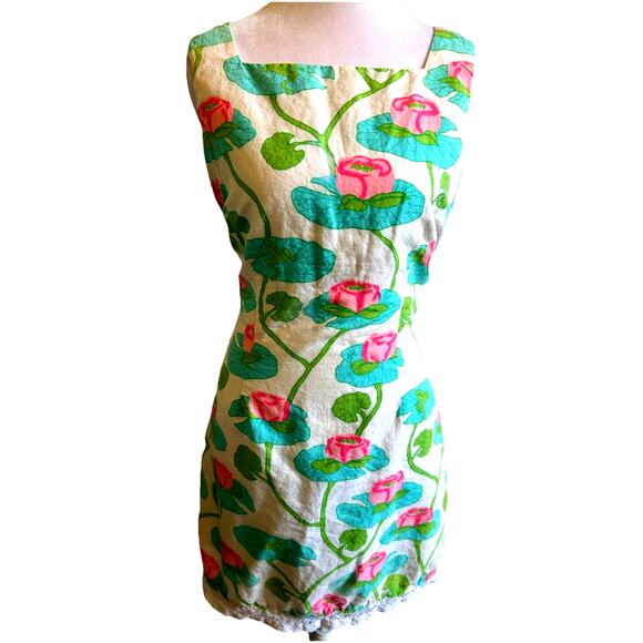 VTG Lilly Pulitzer Linen Dress 6 Frogs In Lily Pads Shift Lace Flower RARE 90s - Picture 1 of 15
